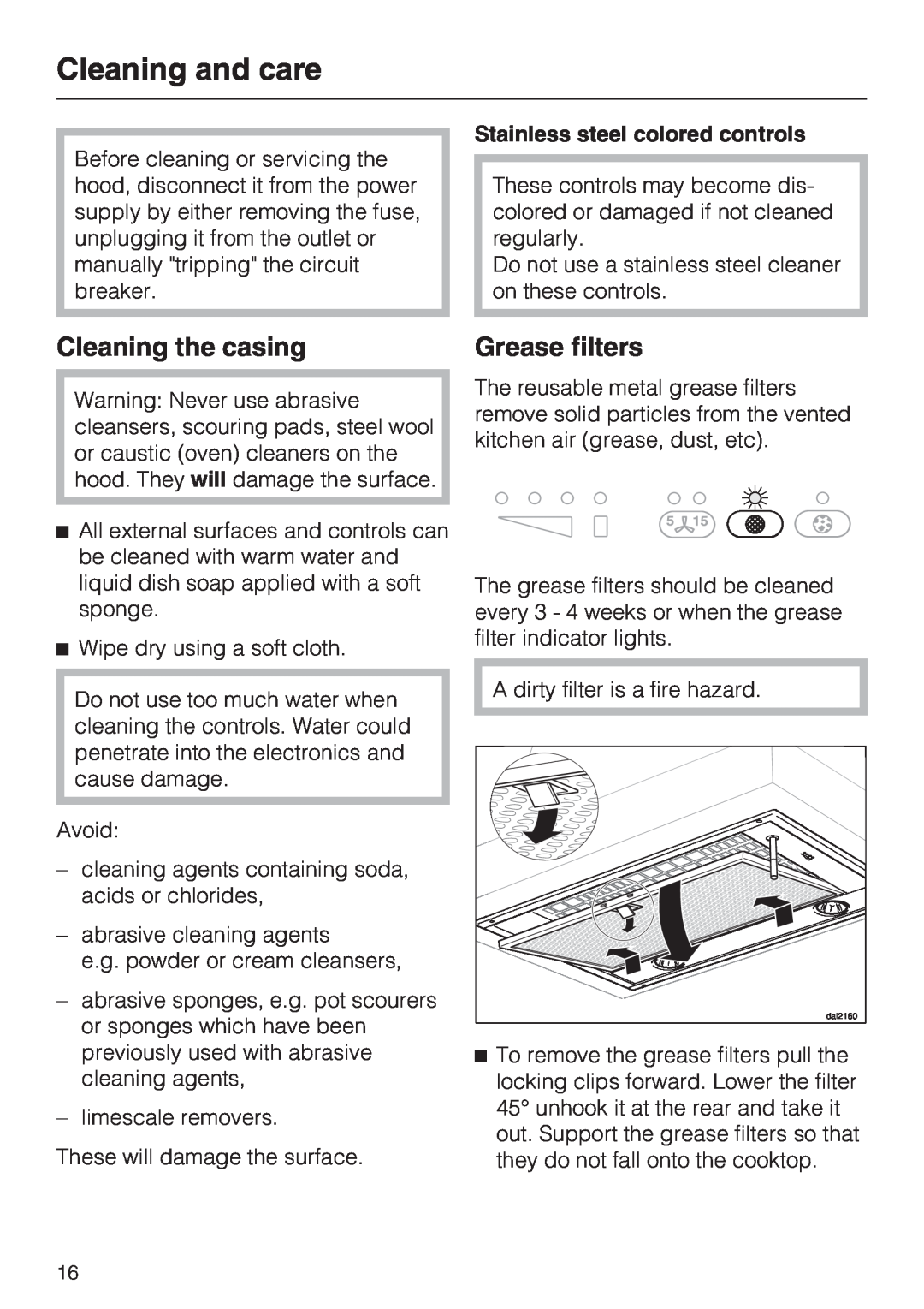 Miele DA2210, DA2280 installation instructions Cleaning and care, Cleaning the casing, Grease filters 