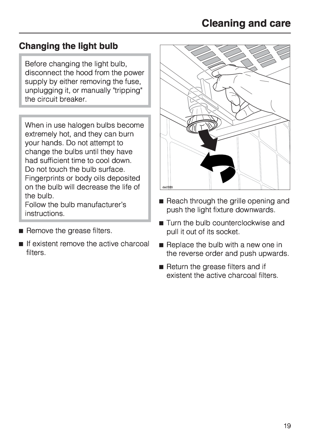 Miele DA2280, DA2210 installation instructions Changing the light bulb, Cleaning and care 