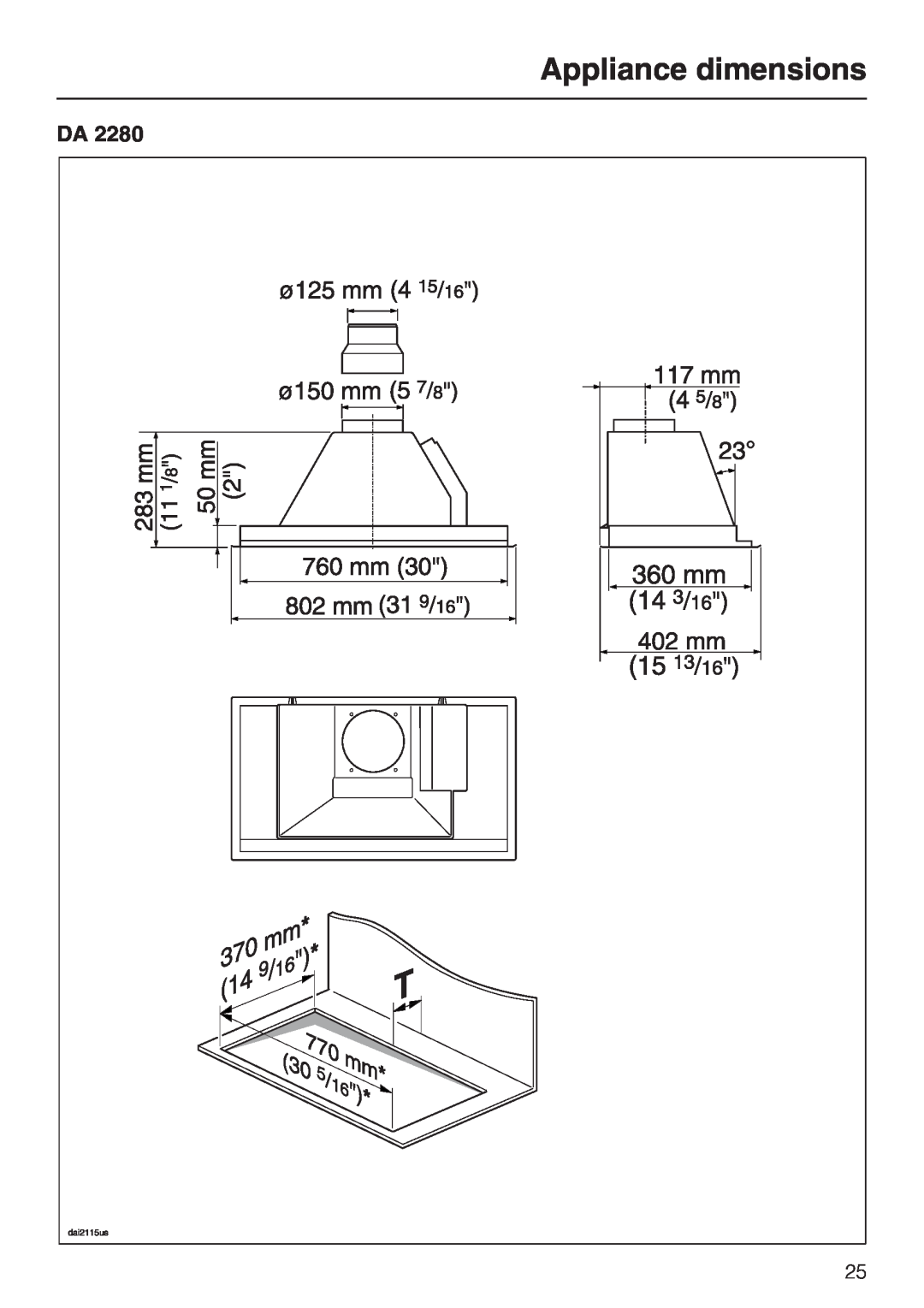 Miele DA2280, DA2210 installation instructions Appliance dimensions 
