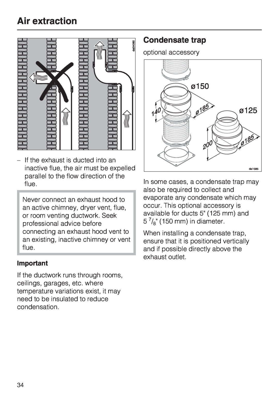 Miele DA2210, DA2280 installation instructions Condensate trap, Air extraction 