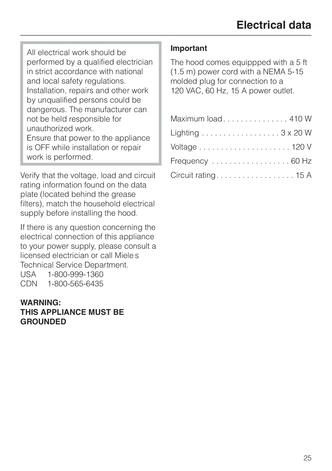 Miele DA239-3 installation instructions Electrical data, This Appliance Must be Grounded 