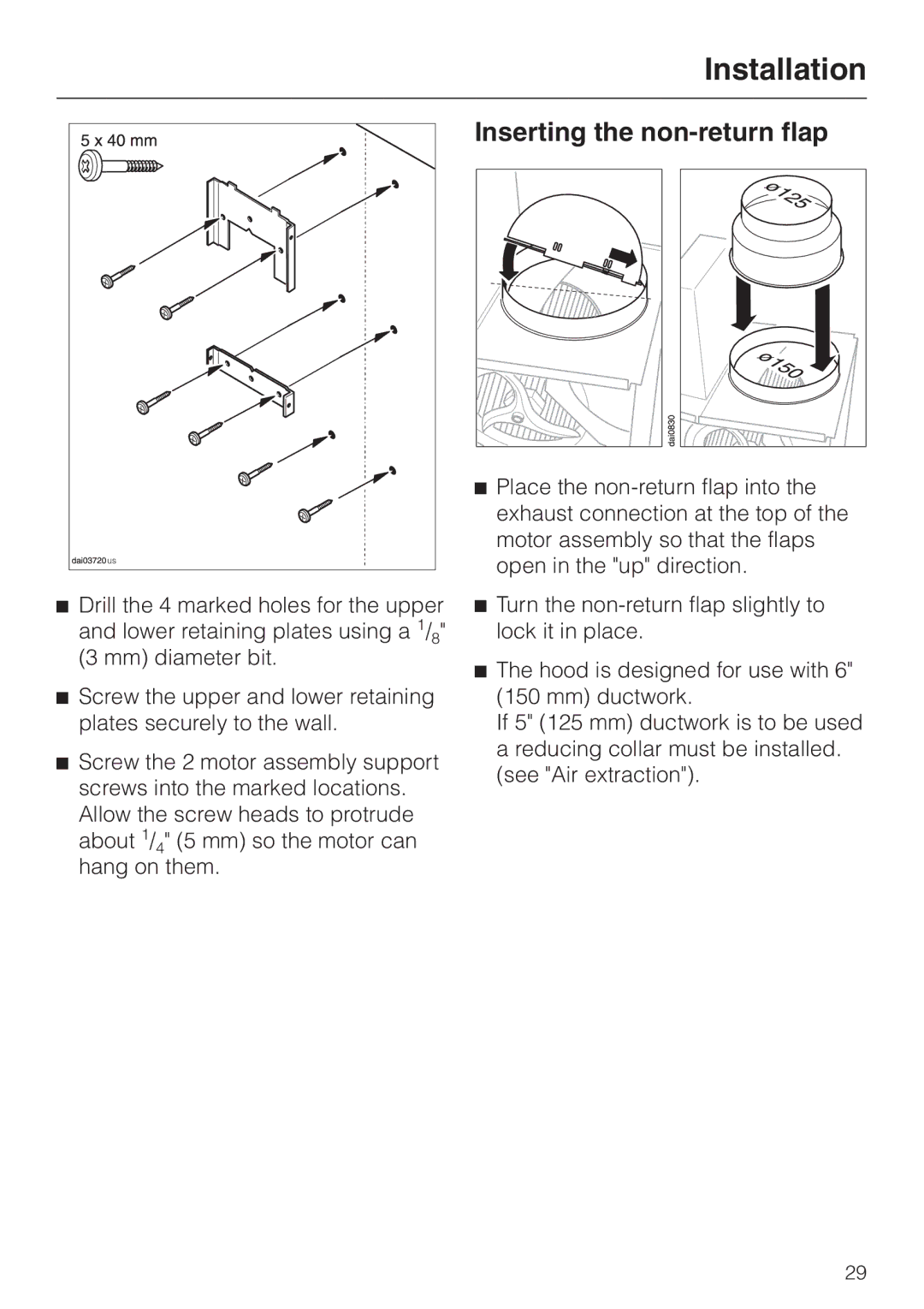 Miele DA239-3 installation instructions Inserting the non-return flap 