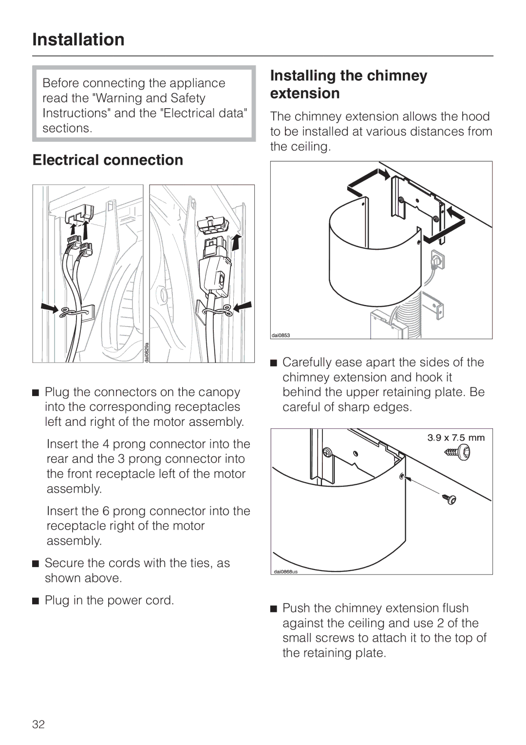 Miele DA239-3 installation instructions Electrical connection, Installing the chimney extension 