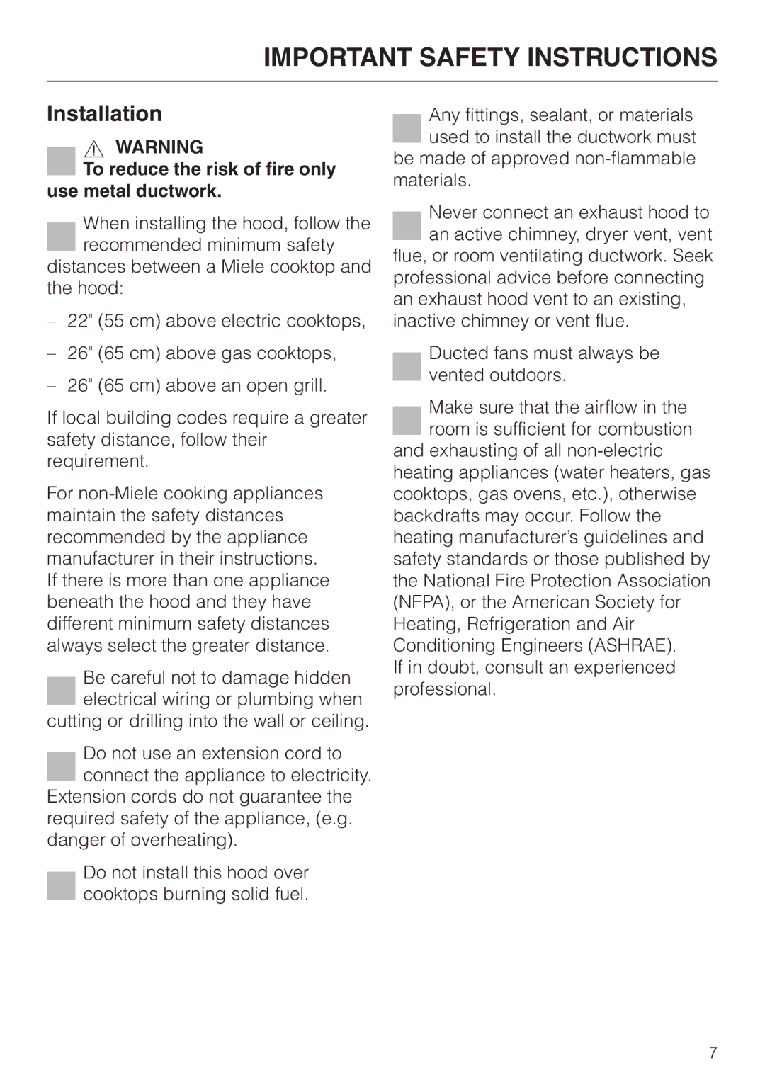 Miele DA239-3 installation instructions Installation, To reduce the risk of fire only use metal ductwork 