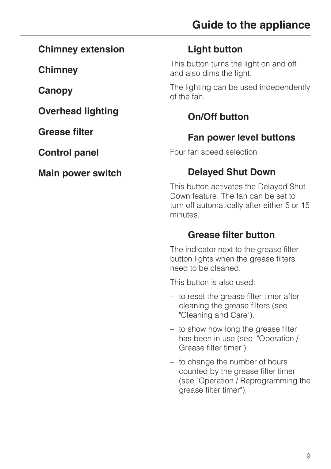 Miele DA239-3 installation instructions On/Off button Fan power level buttons, Delayed Shut Down, Grease filter button 