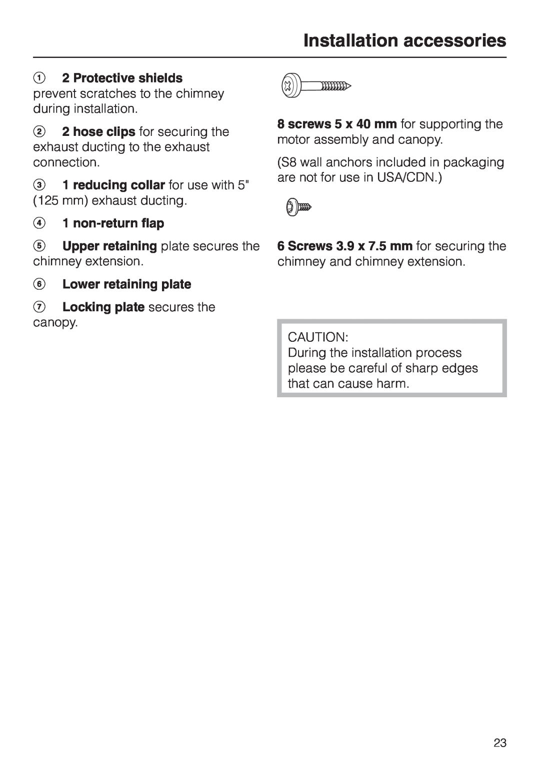 Miele DA239-3 installation instructions Installation accessories, c1 reducing collar for use with 