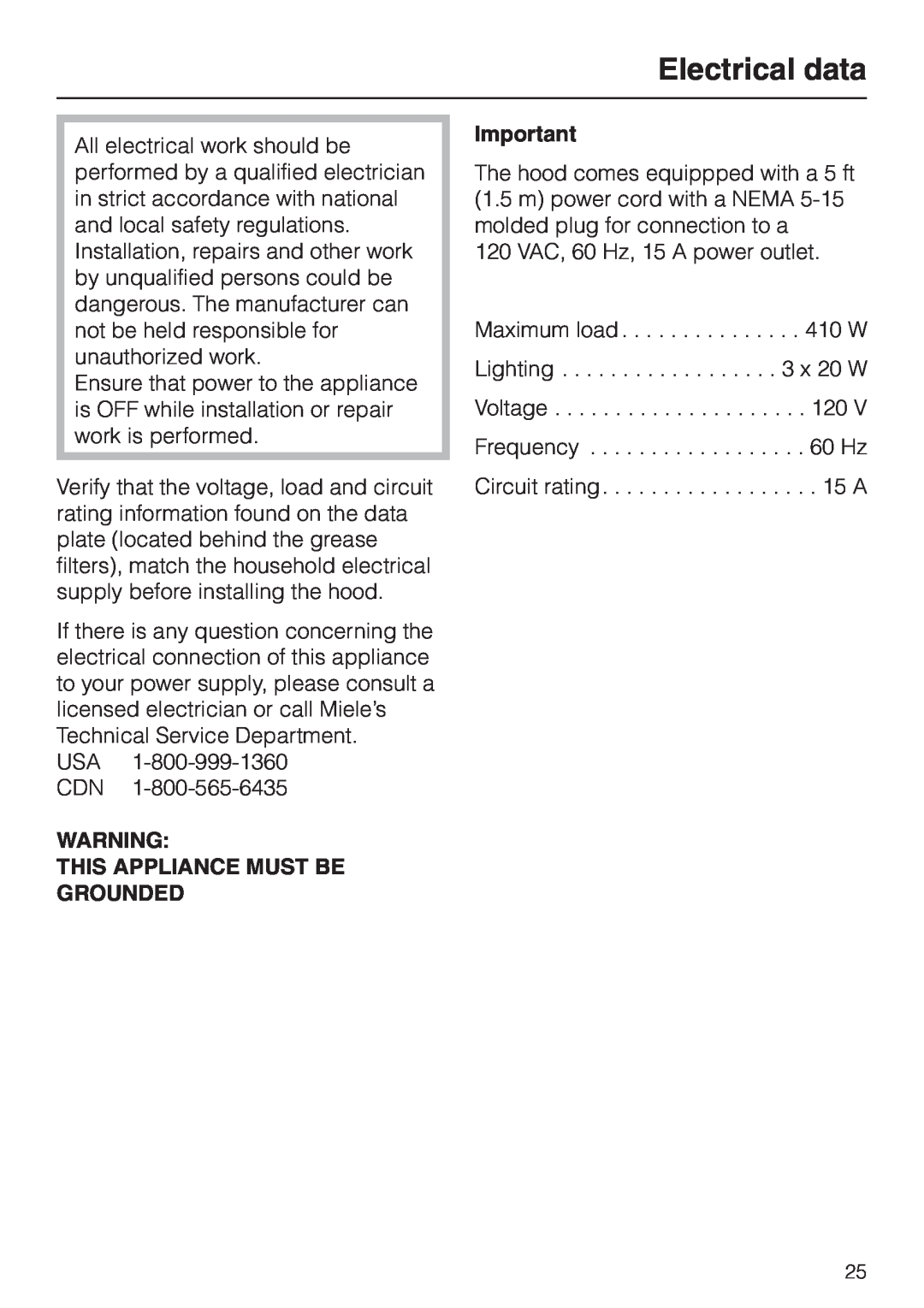 Miele DA239-3 installation instructions Electrical data, This Appliance Must Be Grounded 