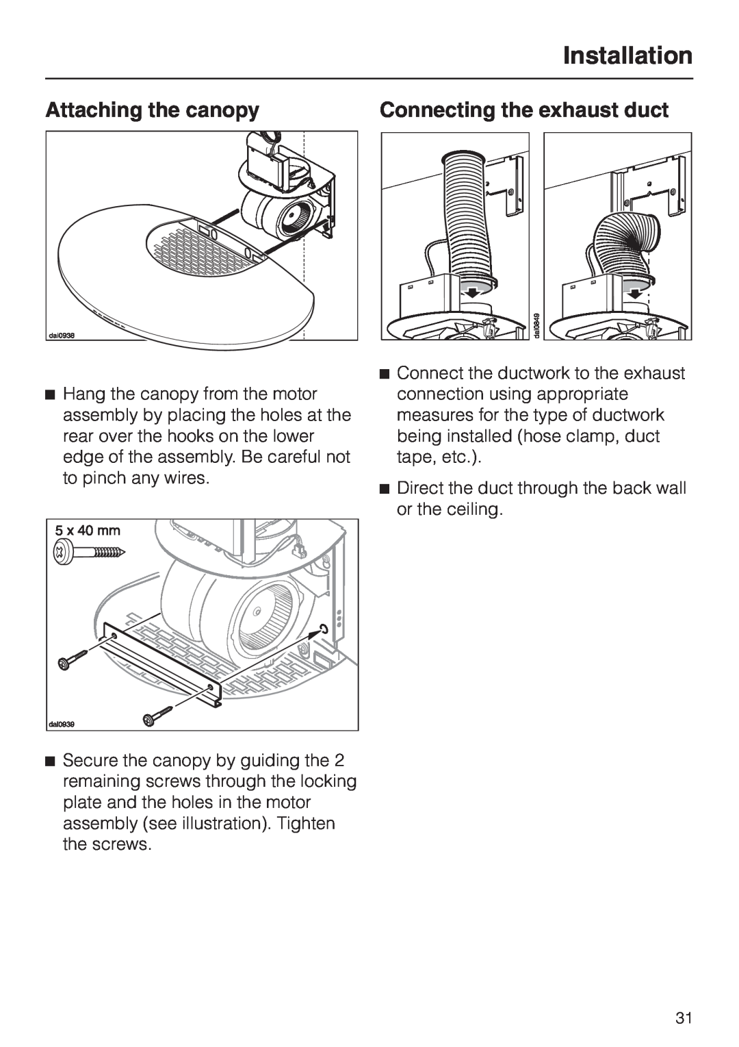 Miele DA239-3 installation instructions Attaching the canopy, Connecting the exhaust duct, Installation 
