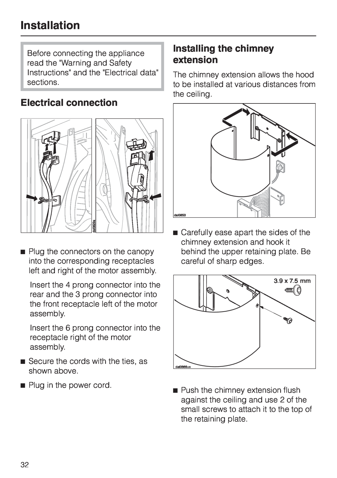 Miele DA239-3 installation instructions Electrical connection, Installing the chimney extension, Installation 
