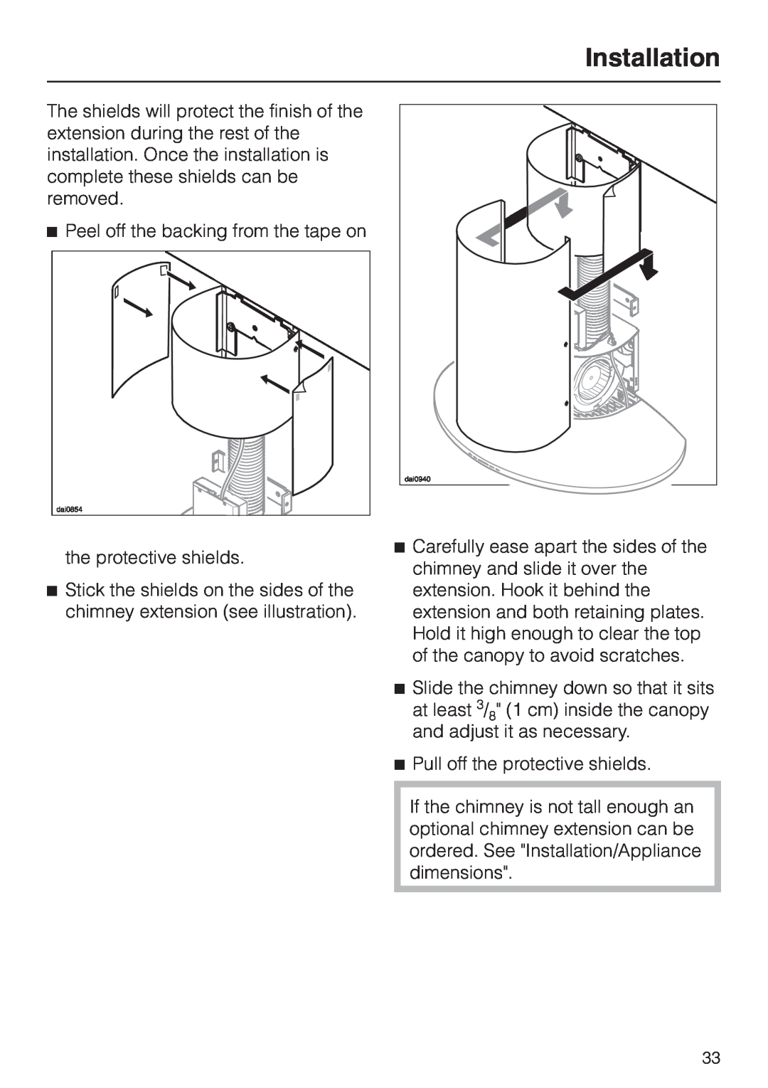 Miele DA239-3 installation instructions Installation, Peel off the backing from the tape on 