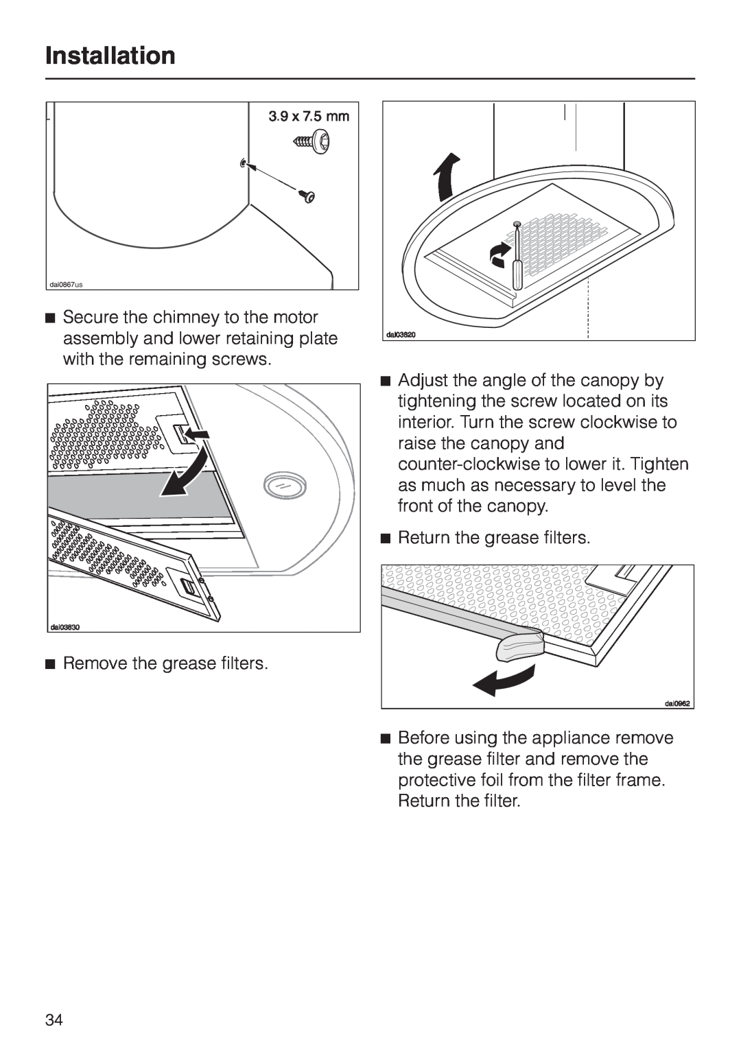 Miele DA239-3 installation instructions Installation, Return the grease filters 