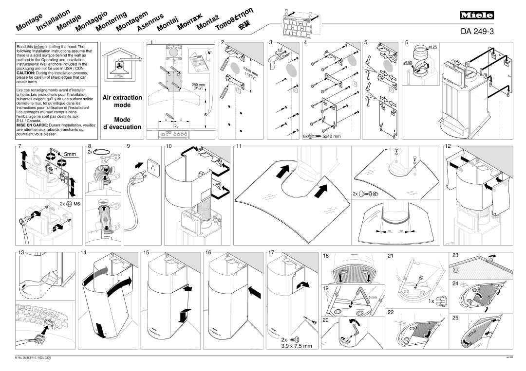 Miele DA249-3 installation instructions Montaz, Mode, 125, Mise EN Garde 