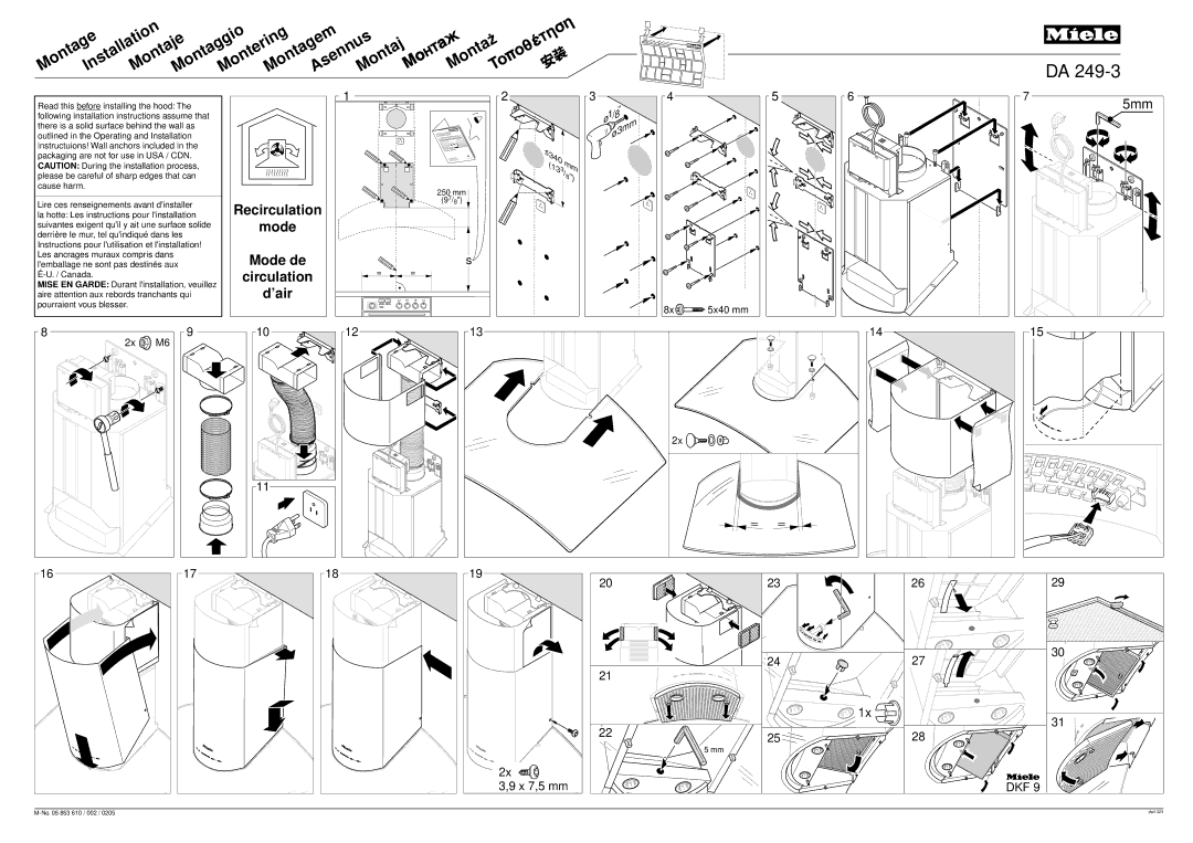 Miele DA249-3 installation instructions Montaz, ’air, Recirculation 