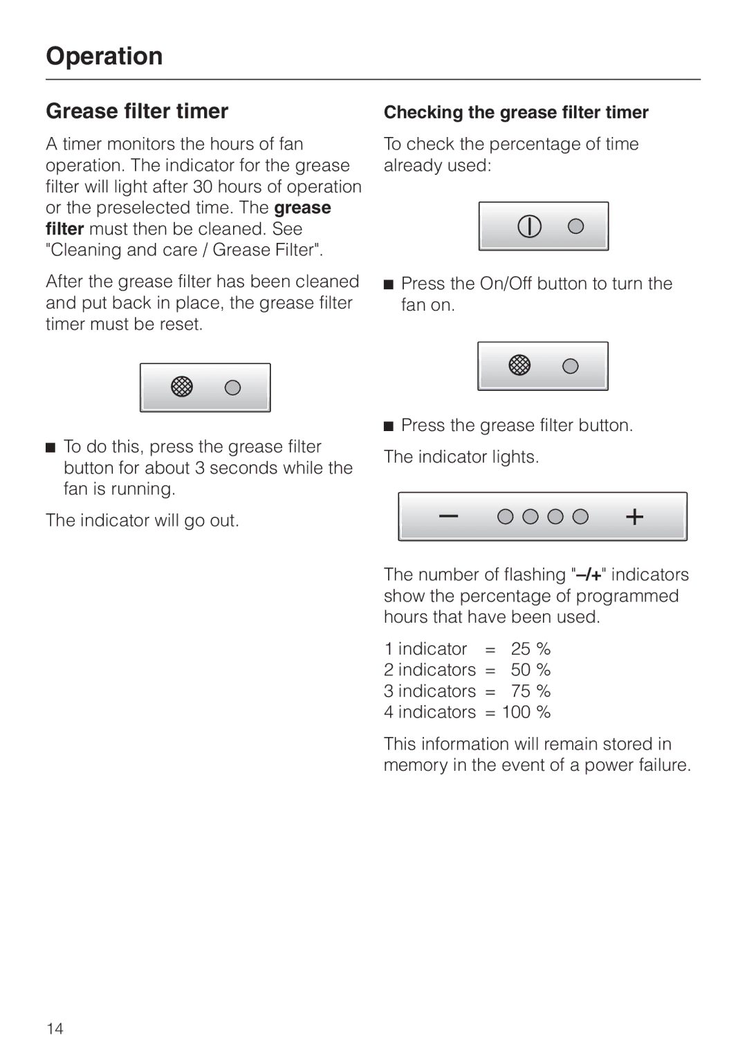 Miele DA250-4 installation instructions Grease filter timer, Checking the grease filter timer 