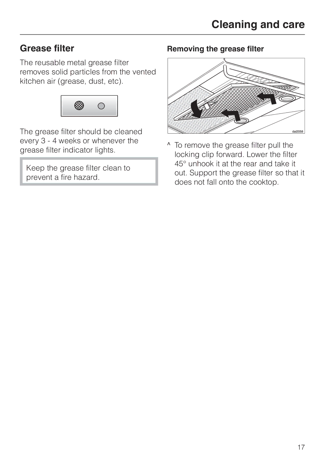 Miele DA250-4 installation instructions Removing the grease filter 