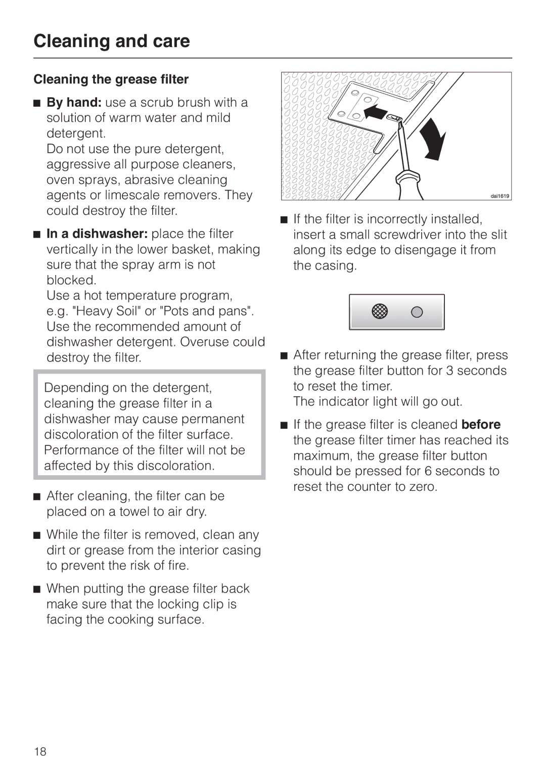 Miele DA250-4 installation instructions Cleaning the grease filter 