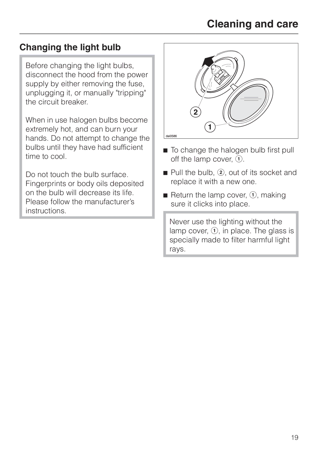 Miele DA250-4 installation instructions Changing the light bulb 