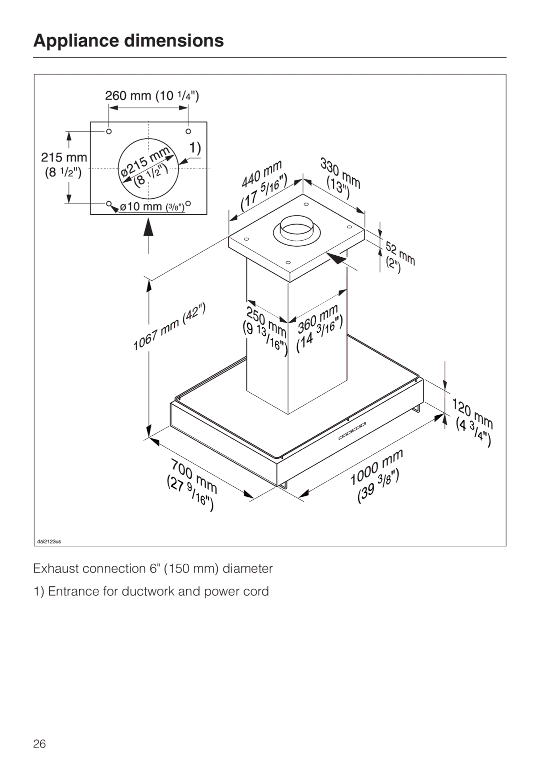 Miele DA250-4 installation instructions Appliance dimensions 