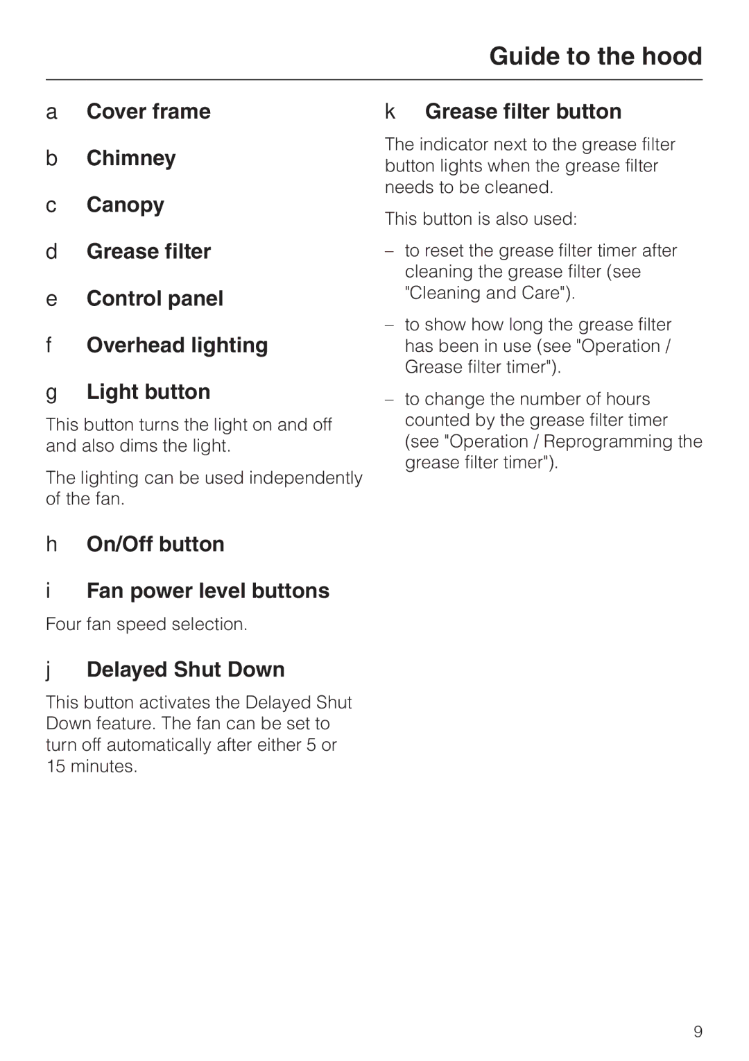 Miele DA250-4 installation instructions On/Off button Fan power level buttons, Delayed Shut Down, Grease filter button 