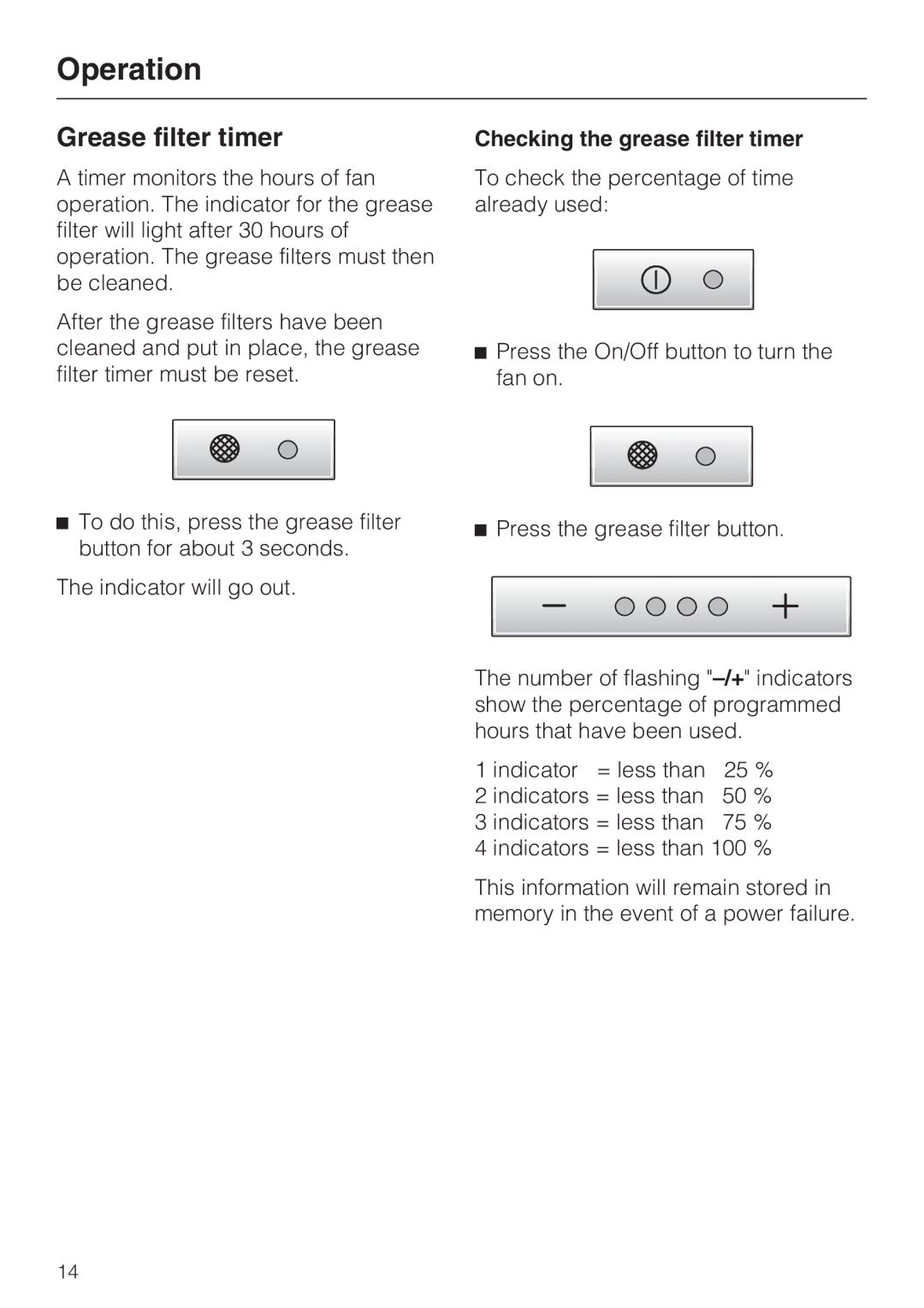 Miele DA252-4, DA251-4, DA259-4 installation instructions Grease filter timer, Checking the grease filter timer 