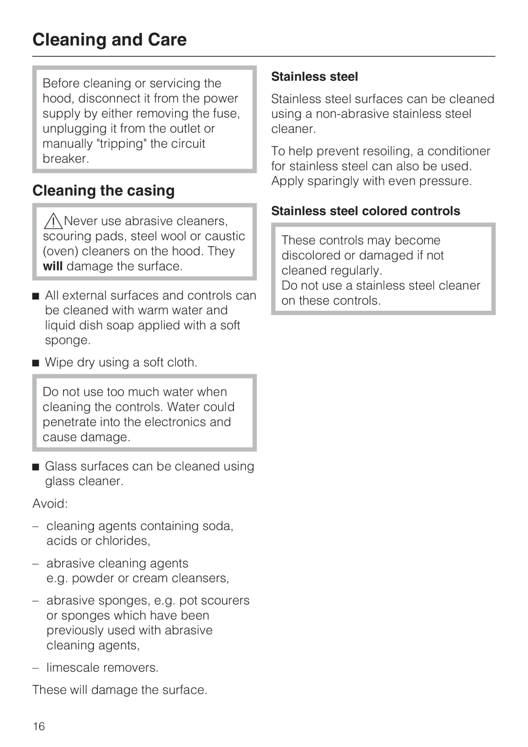 Miele DA259-4, DA251-4, DA252-4 Cleaning and Care, Cleaning the casing, Stainless steel colored controls 