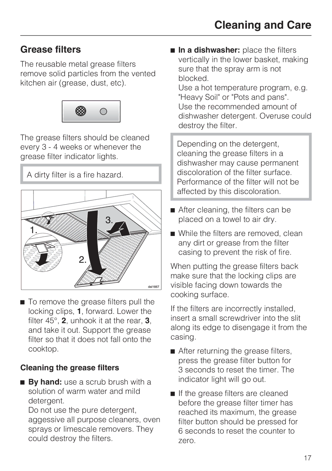 Miele DA252-4, DA251-4, DA259-4 installation instructions Grease filters, Cleaning the grease filters 