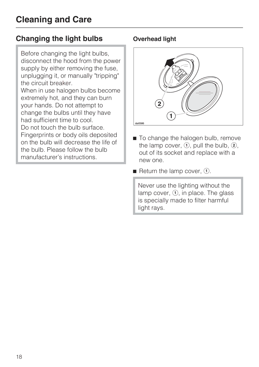 Miele DA251-4, DA259-4, DA252-4 installation instructions Changing the light bulbs 