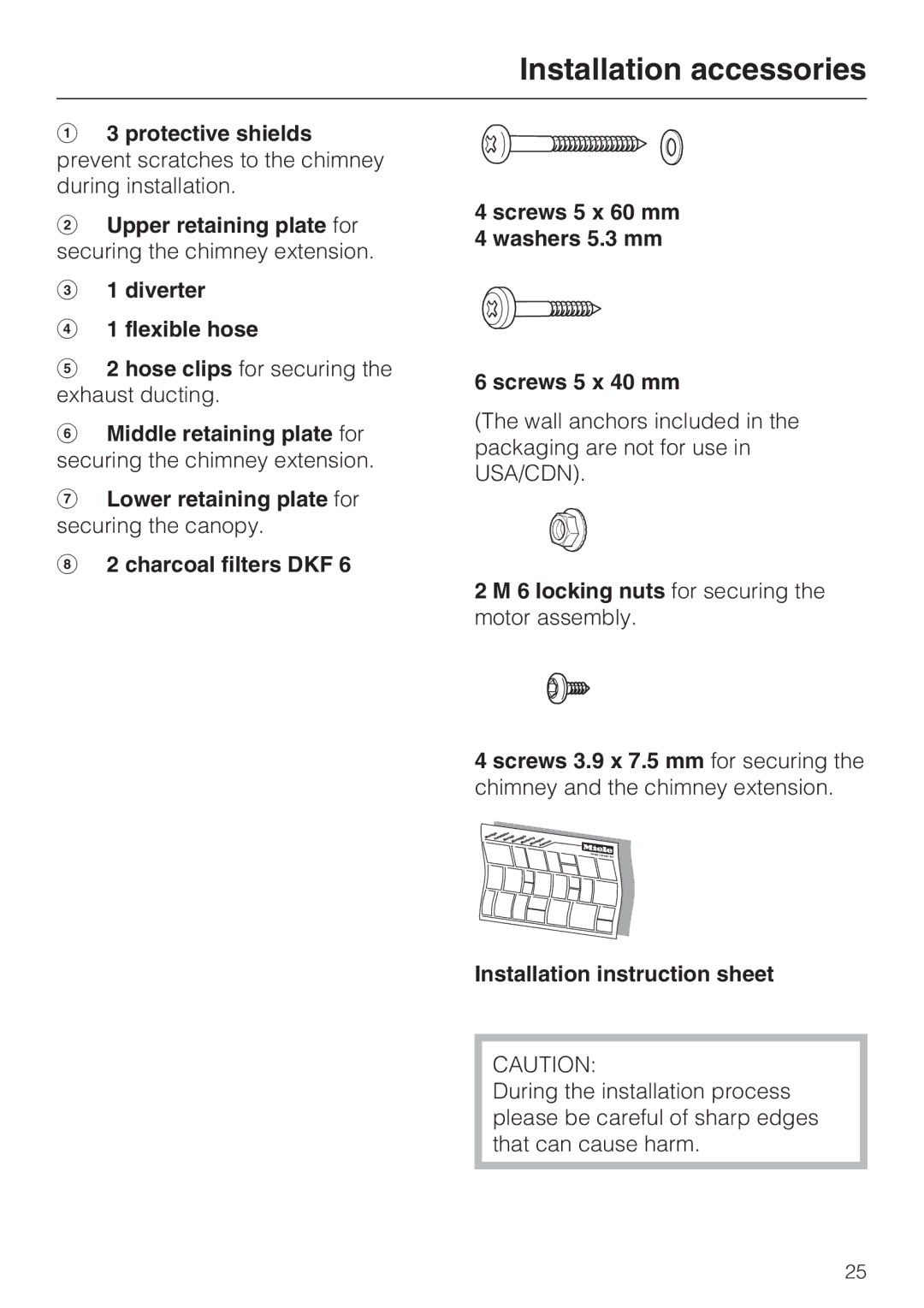 Miele DA259-4, DA251-4, DA252-4 installation instructions Hose clips for securing the exhaust ducting 