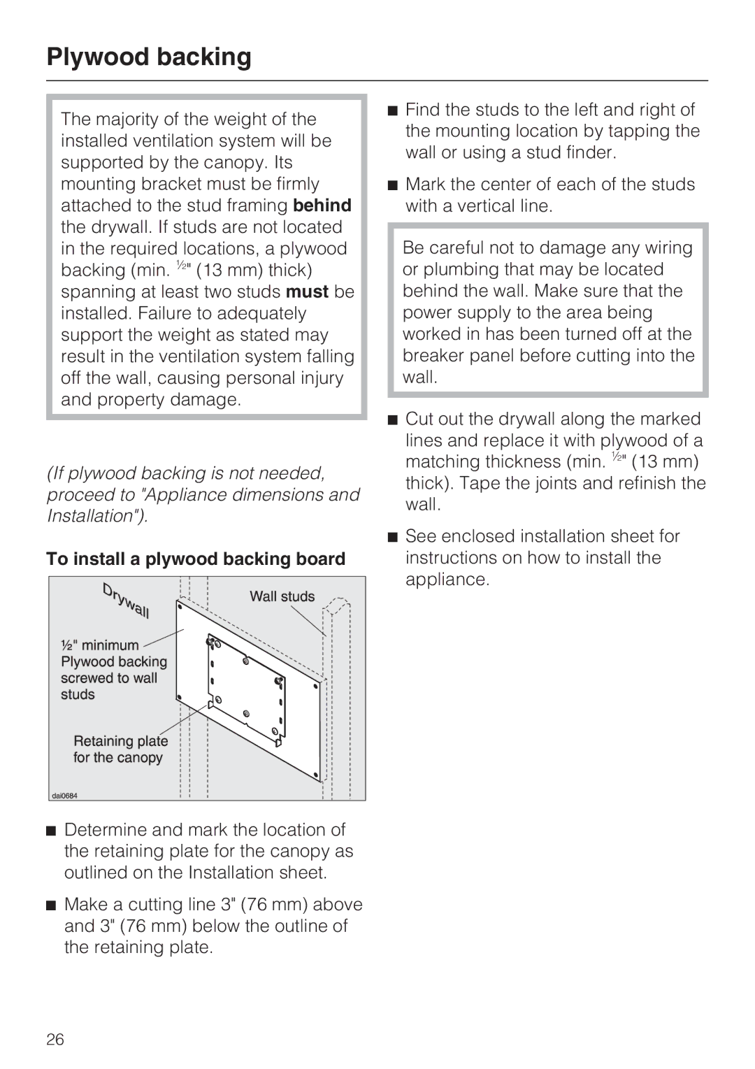 Miele DA252-4, DA251-4, DA259-4 installation instructions Plywood backing, To install a plywood backing board 