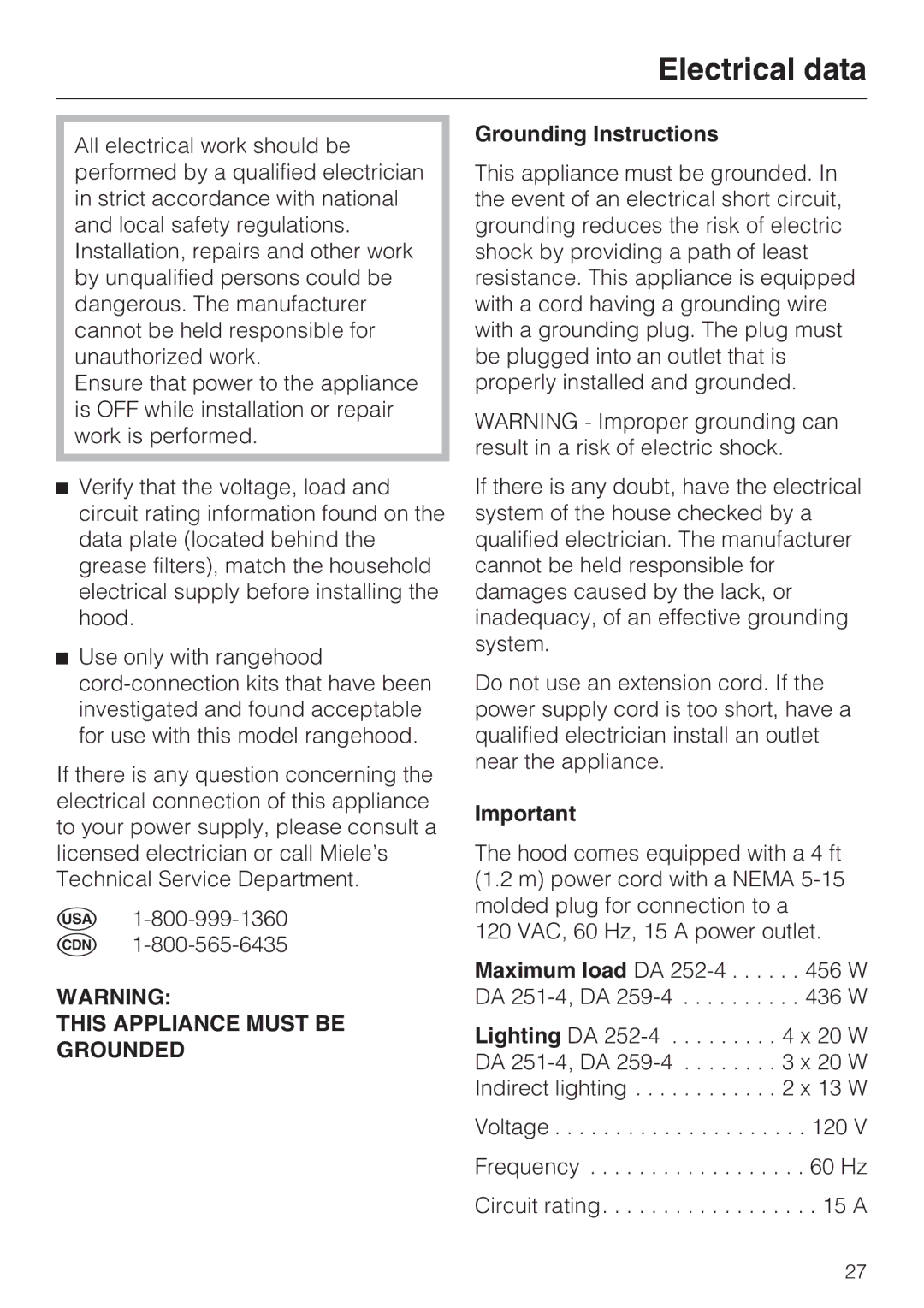 Miele DA251-4, DA259-4, DA252-4 installation instructions Electrical data, Grounding Instructions 