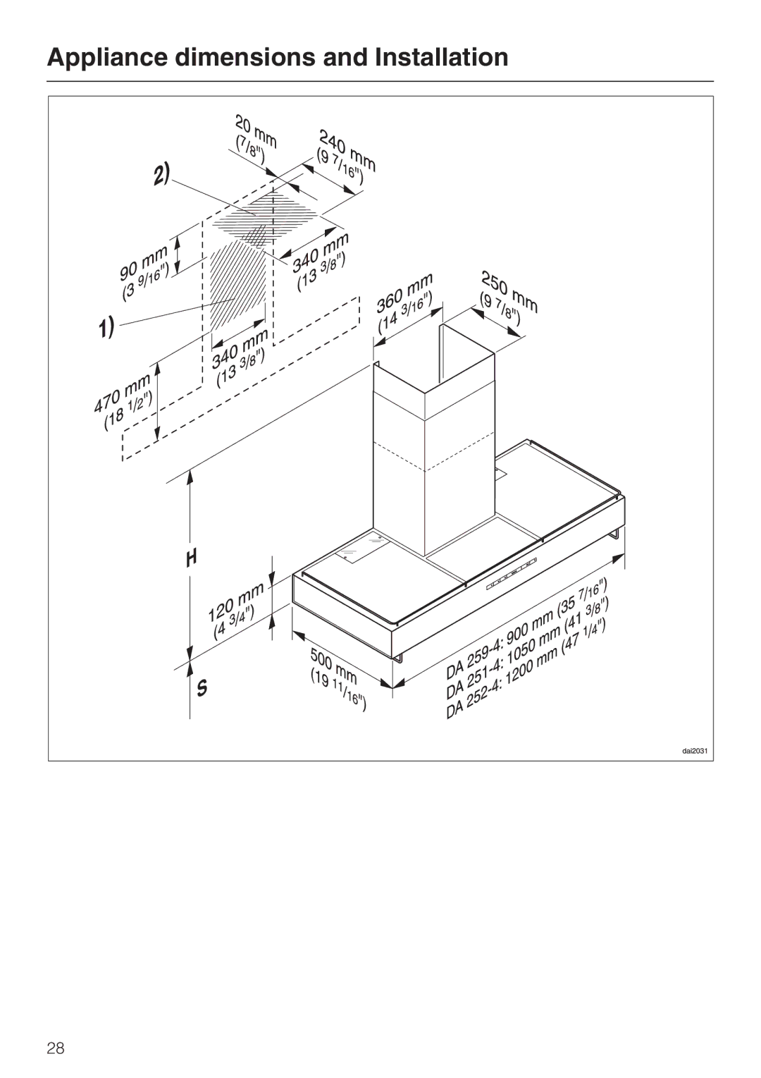 Miele DA259-4, DA251-4, DA252-4 installation instructions Appliance dimensions and Installation 