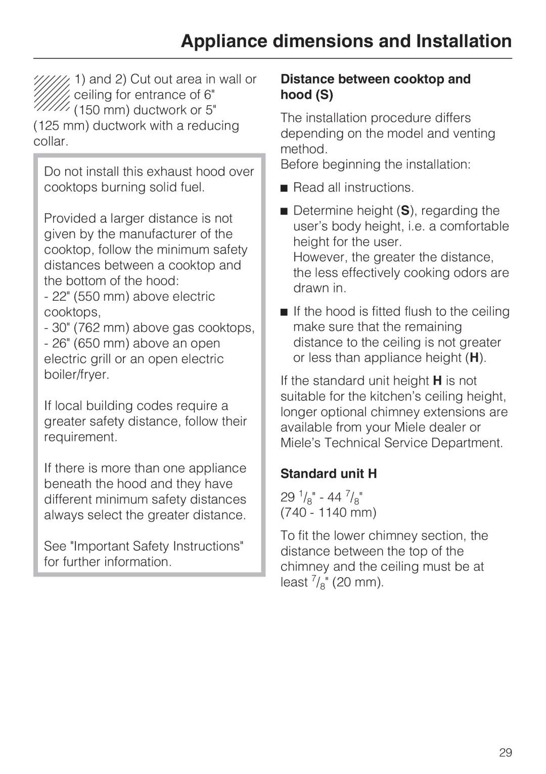 Miele DA252-4, DA251-4, DA259-4 installation instructions Distance between cooktop and hood S, Standard unit H 