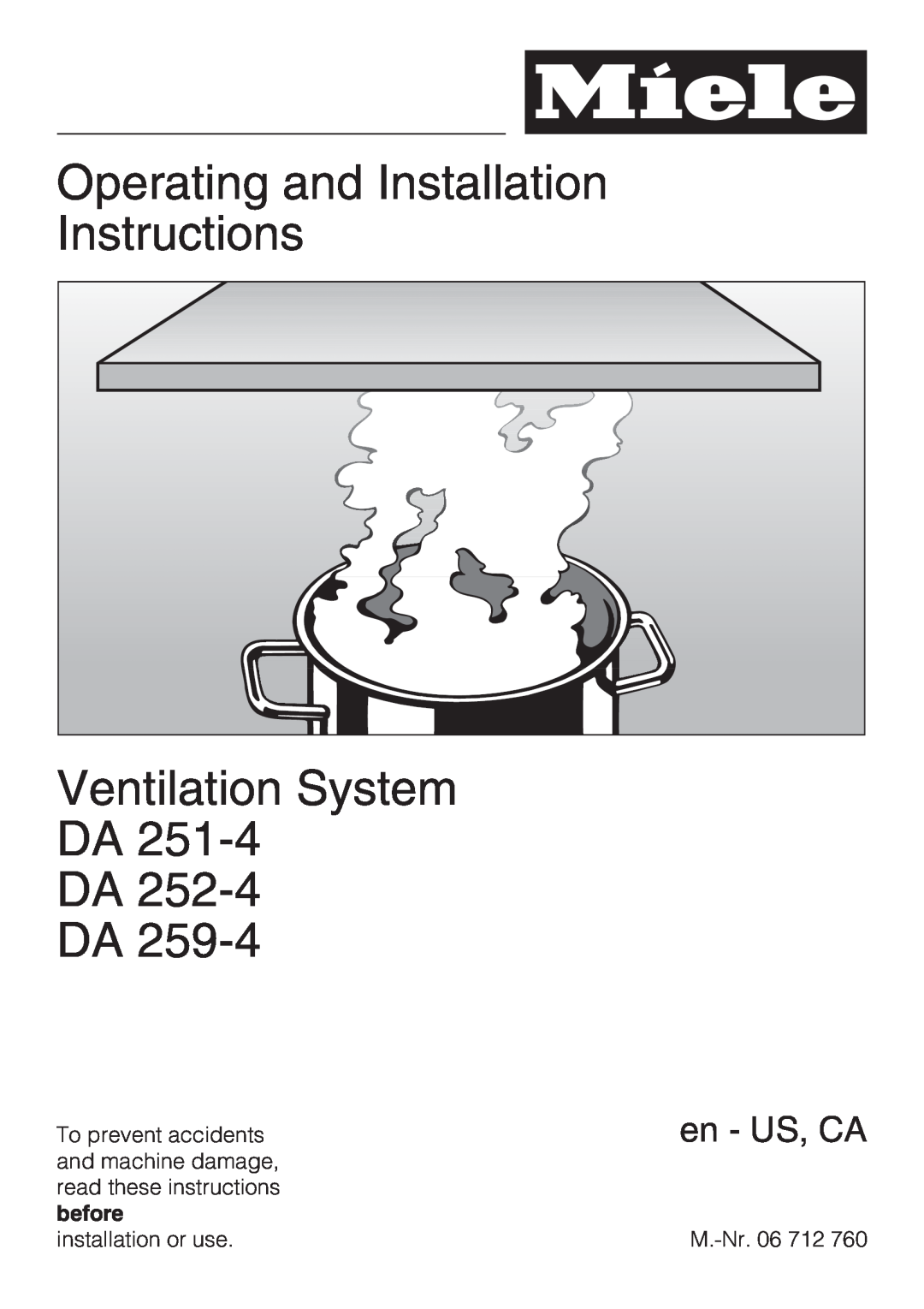 Miele DA259-4 installation instructions Operating and Installation Instructions, Ventilation System DA DA DA, en - US, CA 