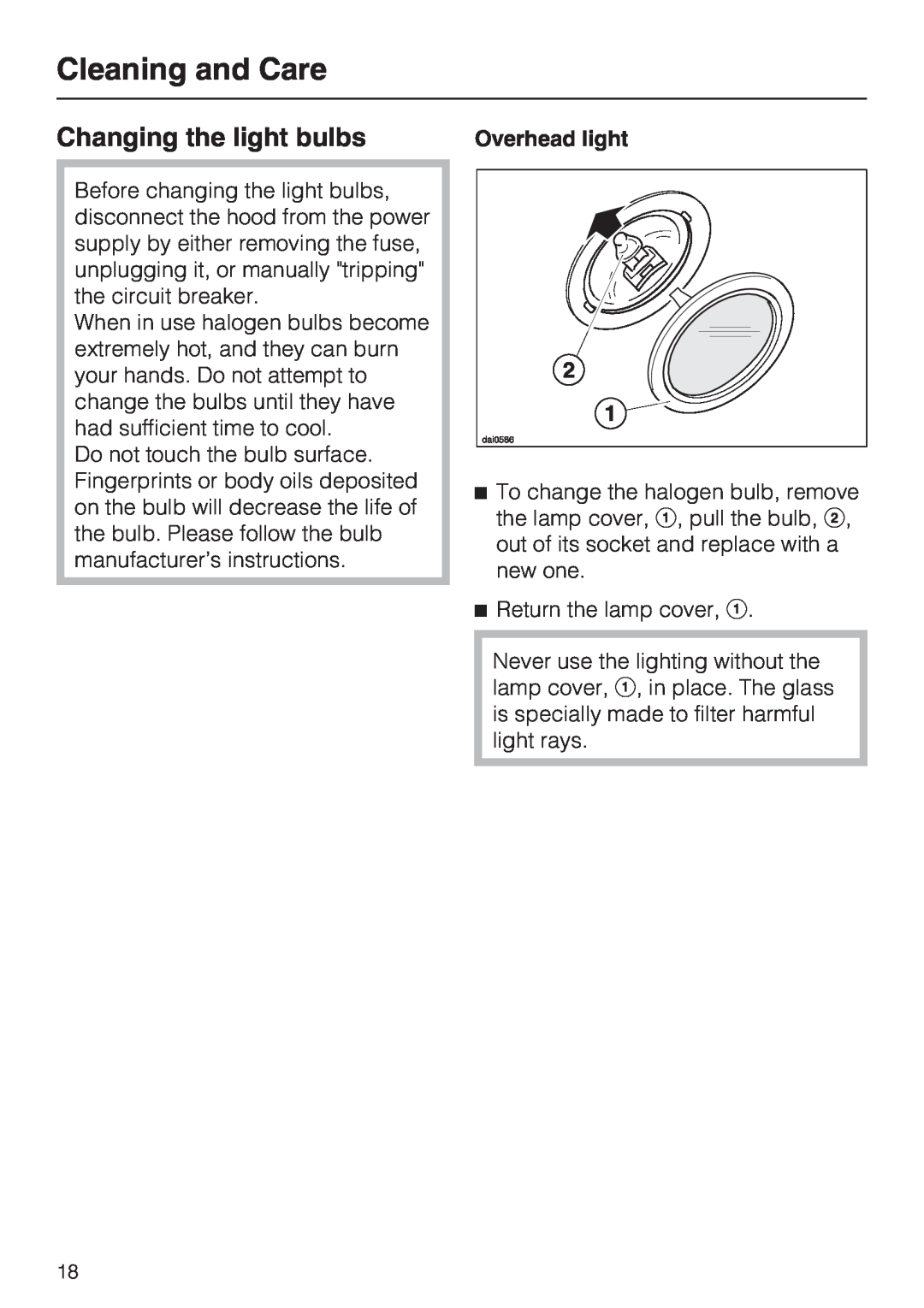 Miele DA251-4, DA259-4, DA252-4 installation instructions Cleaning and Care, Changing the light bulbs 