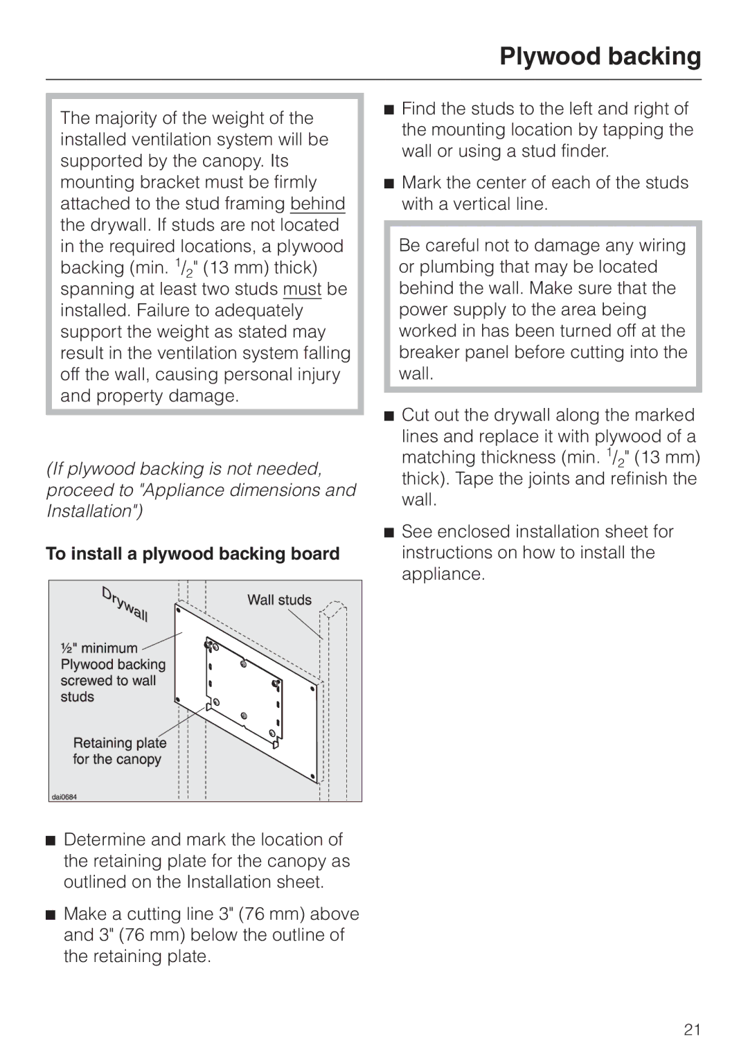 Miele DA259-3, DA252-3, DA 251 installation instructions Plywood backing, To install a plywood backing board 