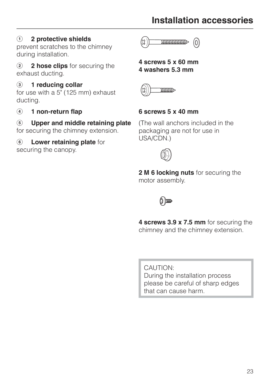 Miele DA 251, DA259-3, DA252-3 installation instructions Reducing collar, Lower retaining plate for securing the canopy 