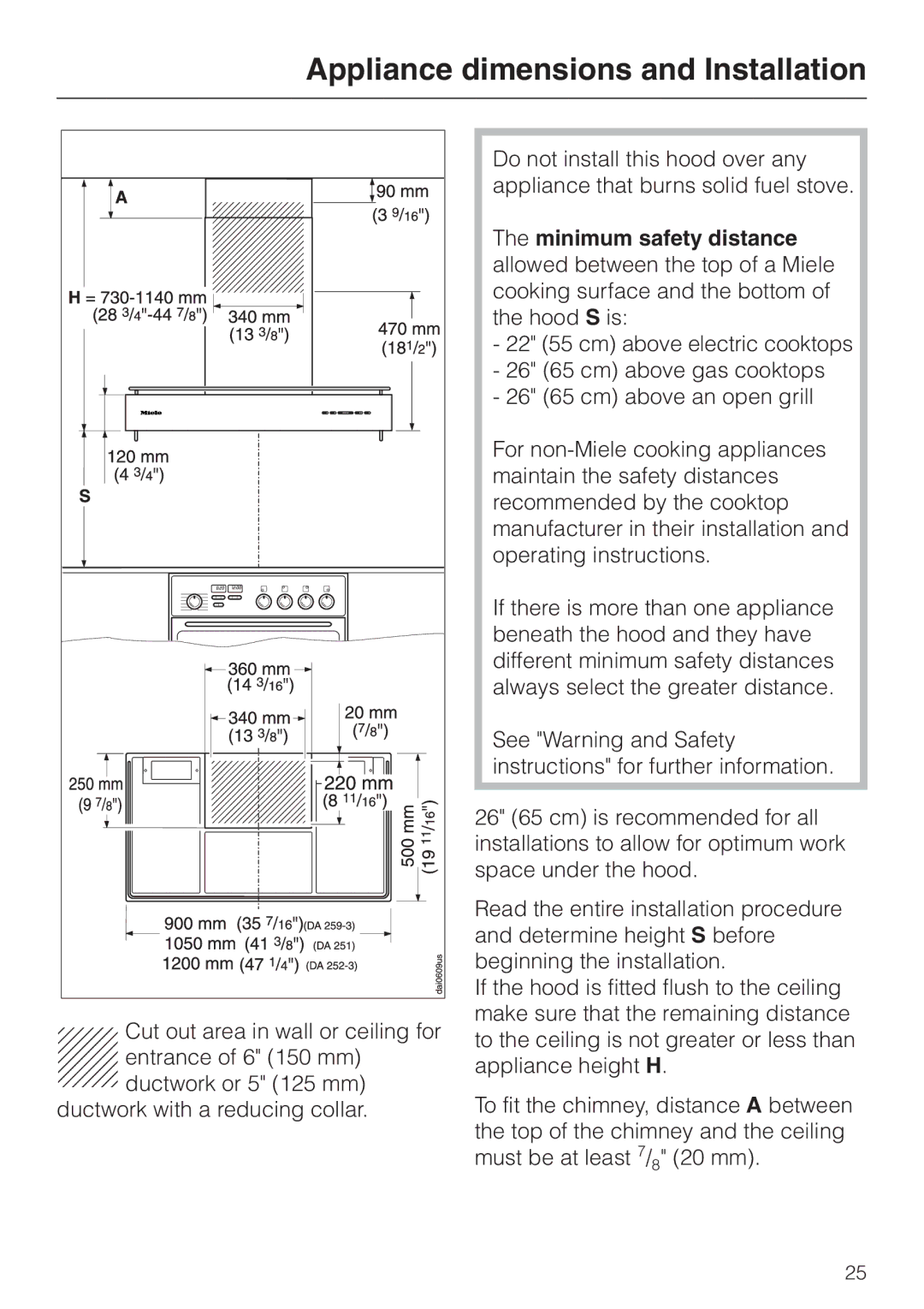 Miele DA252-3, DA259-3, DA 251 installation instructions Appliance dimensions and Installation 