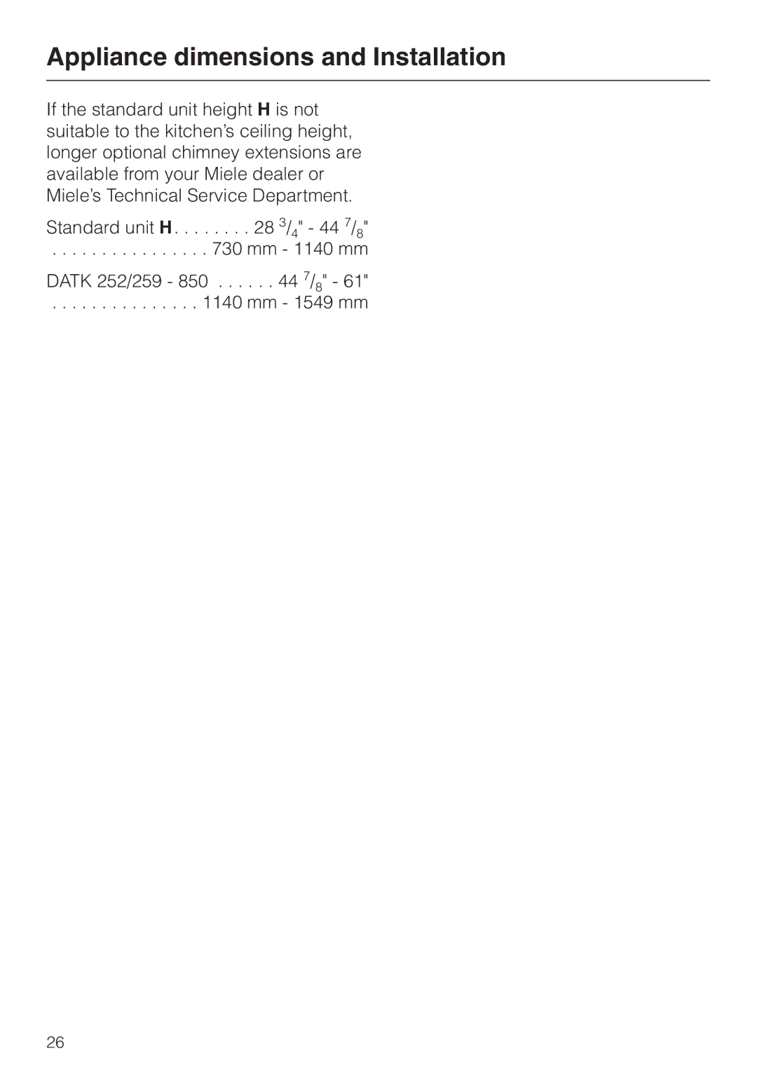 Miele DA 251, DA259-3, DA252-3 installation instructions Appliance dimensions and Installation 