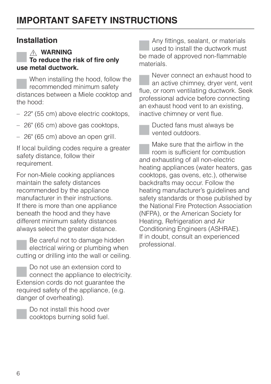 Miele DA259-3, DA252-3, DA 251 installation instructions Installation, To reduce the risk of fire only use metal ductwork 