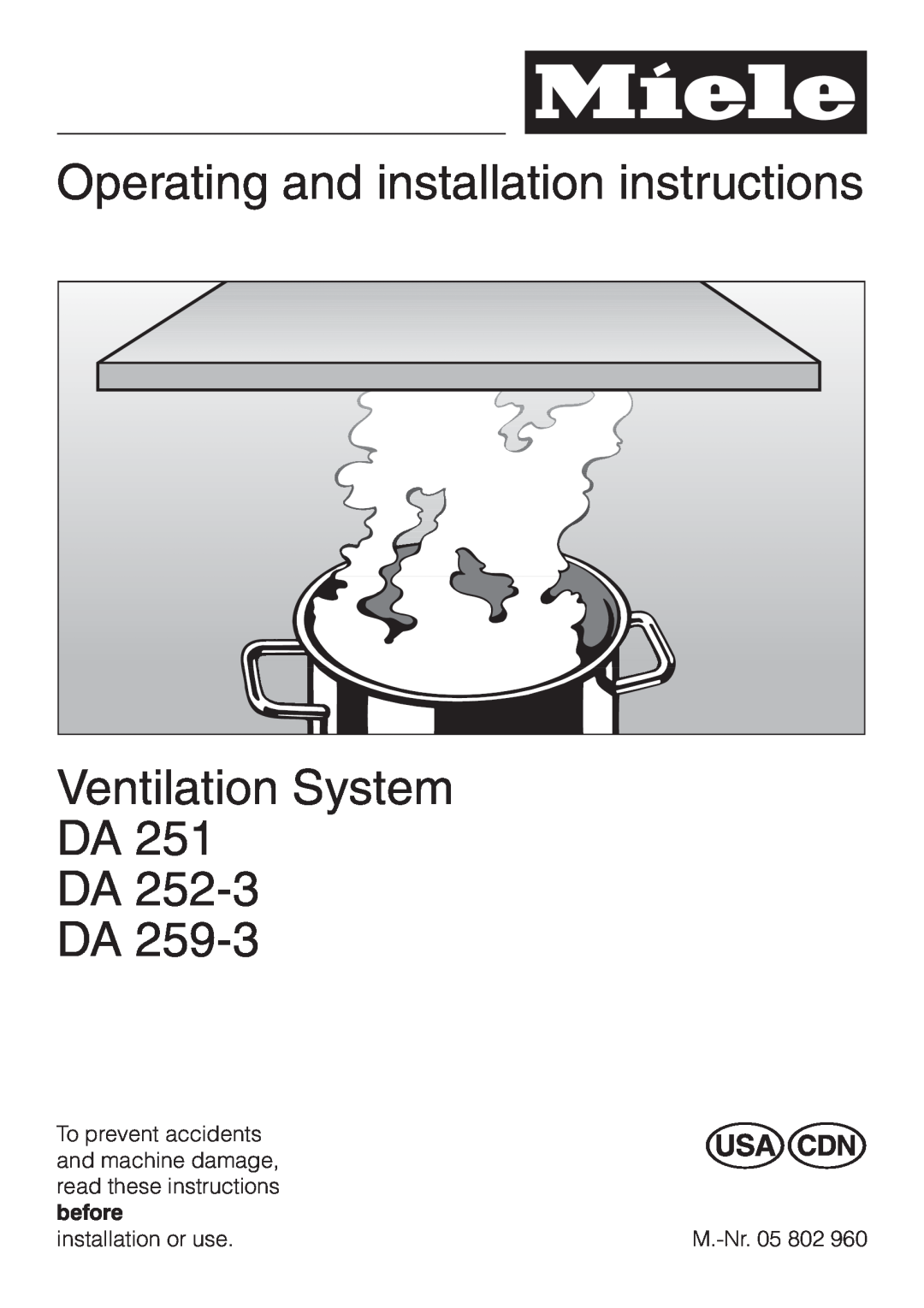 Miele DA252-3, DA259-3 installation instructions Operating and installation instructions, Ventilation System DA DA DA 