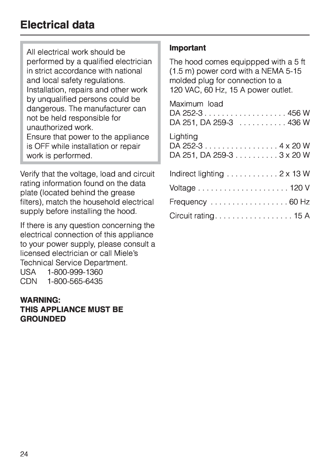 Miele DA259-3, DA252-3, DA 251 installation instructions Electrical data, This Appliance Must Be Grounded 