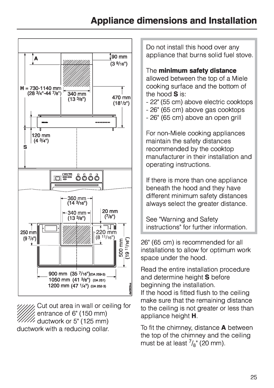 Miele DA252-3, DA259-3, DA 251 installation instructions Appliance dimensions and Installation 