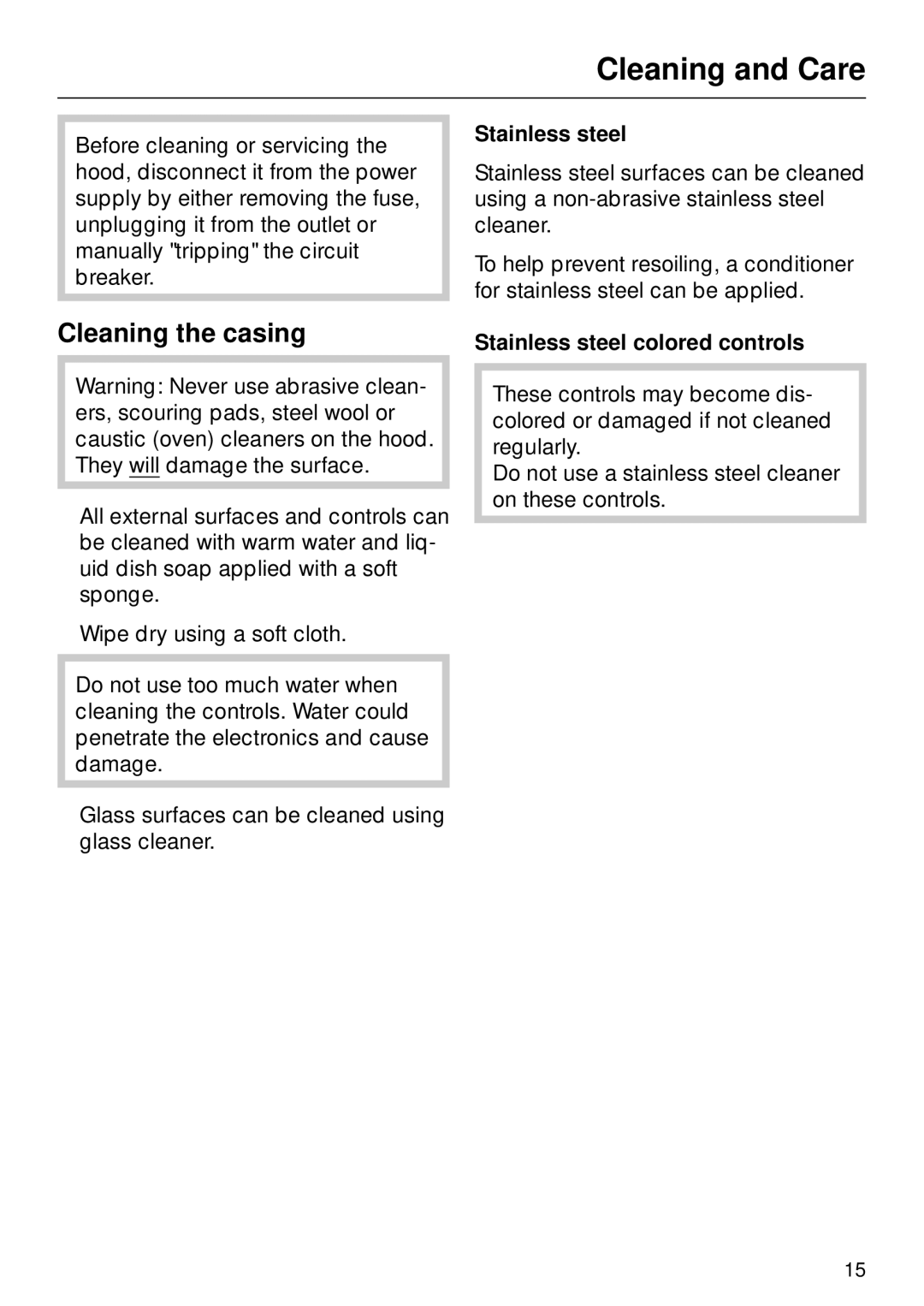 Miele DA270 installation instructions Cleaning and Care, Cleaning the casing, Stainless steel colored controls 