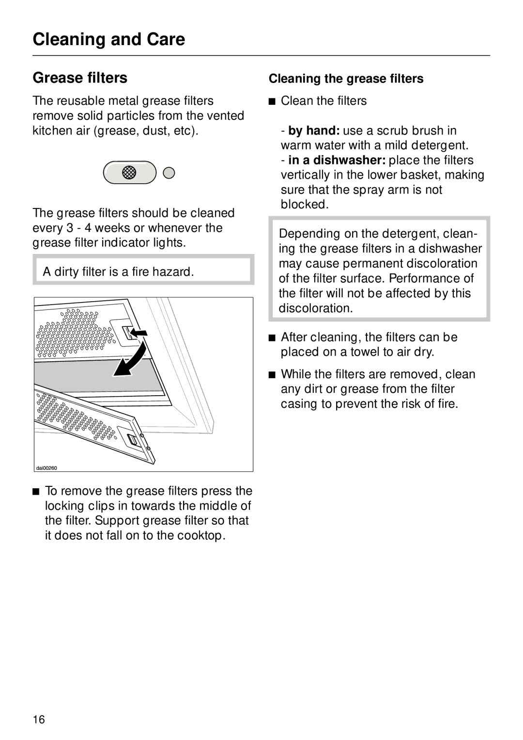 Miele DA270 installation instructions Grease filters, Cleaning the grease filters 