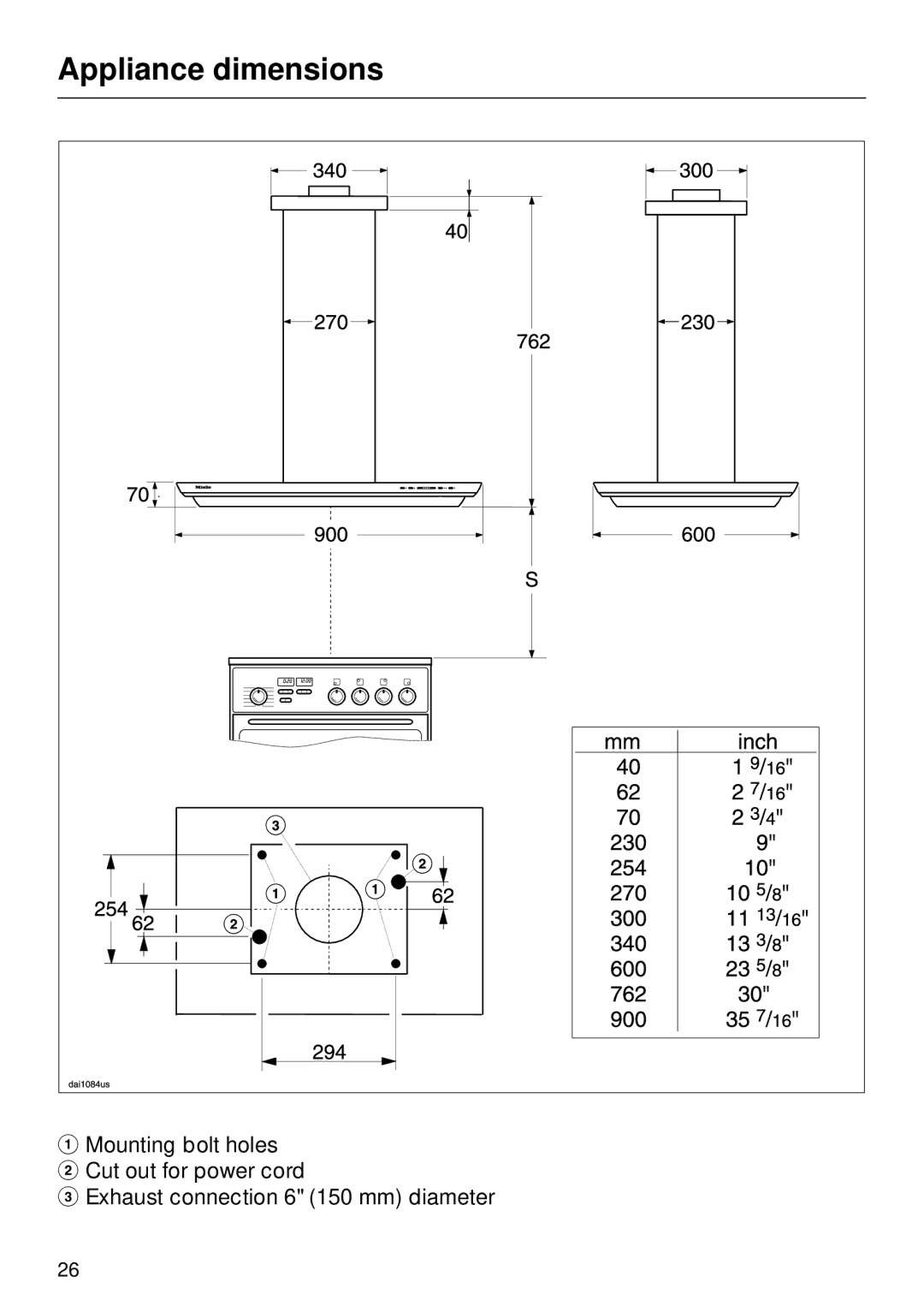 Miele DA270 installation instructions Appliance dimensions 