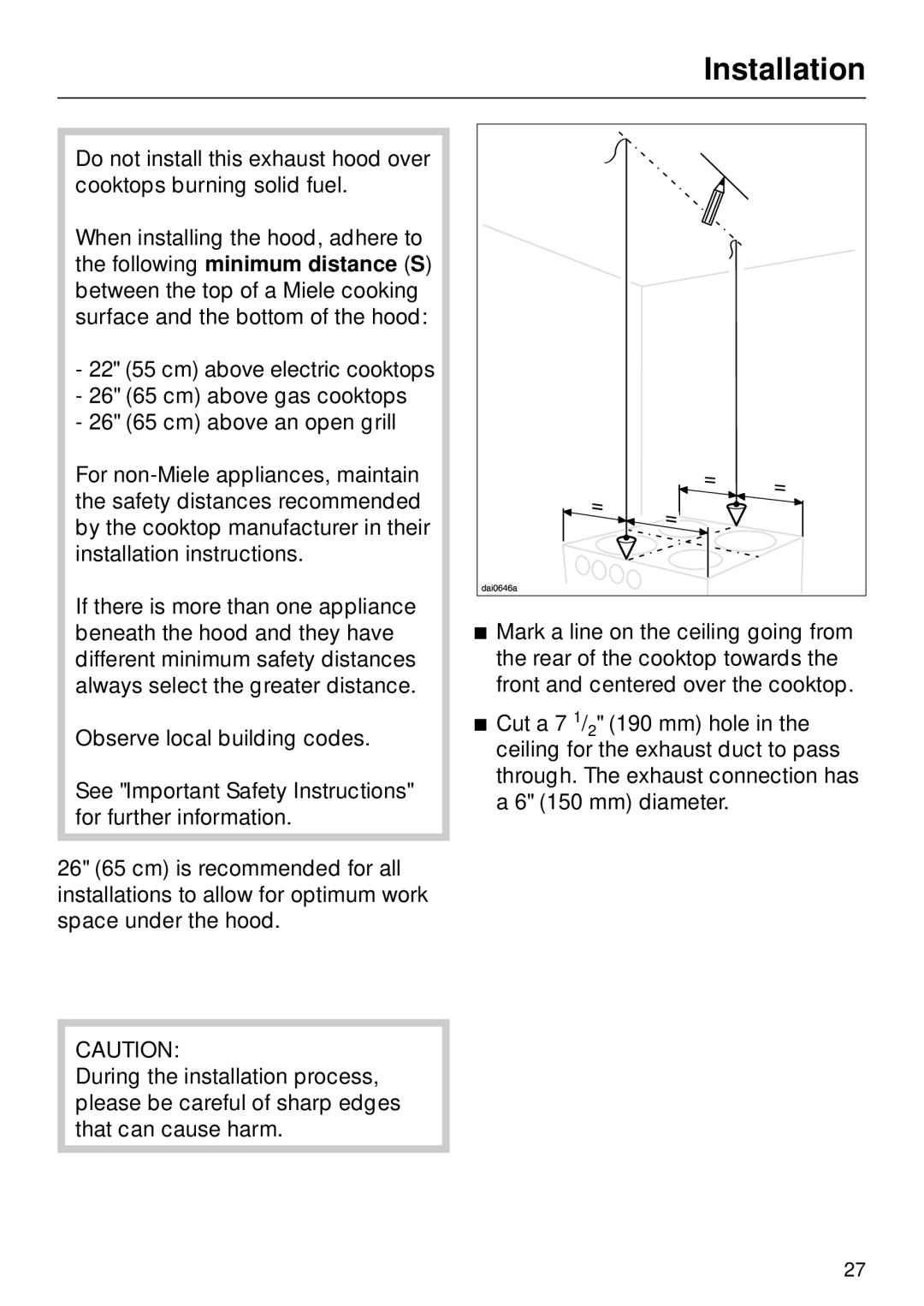 Miele DA270 installation instructions Following minimum distance 