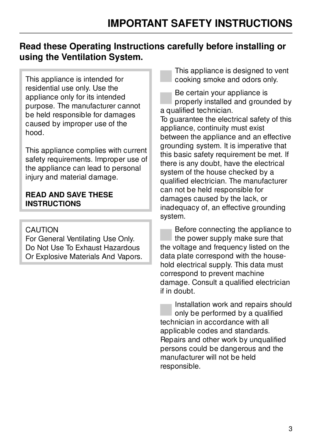 Miele DA270 installation instructions Important Safety Instructions 