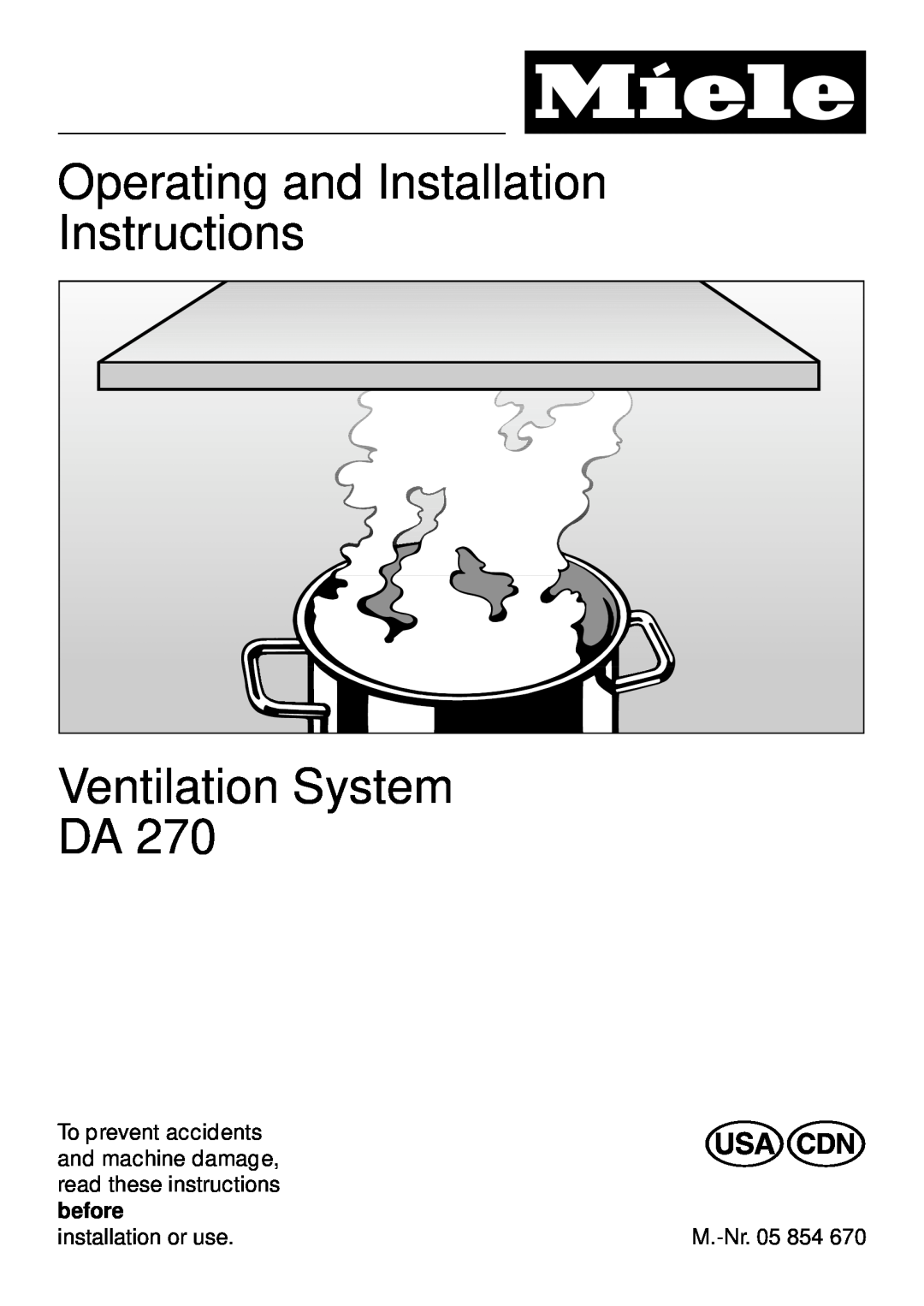 Miele DA270 installation instructions Ventilation System DA, Operating and Installation Instructions 