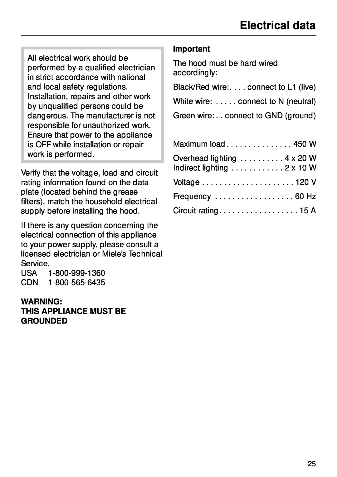 Miele DA270 installation instructions Electrical data, This Appliance Must Be Grounded 