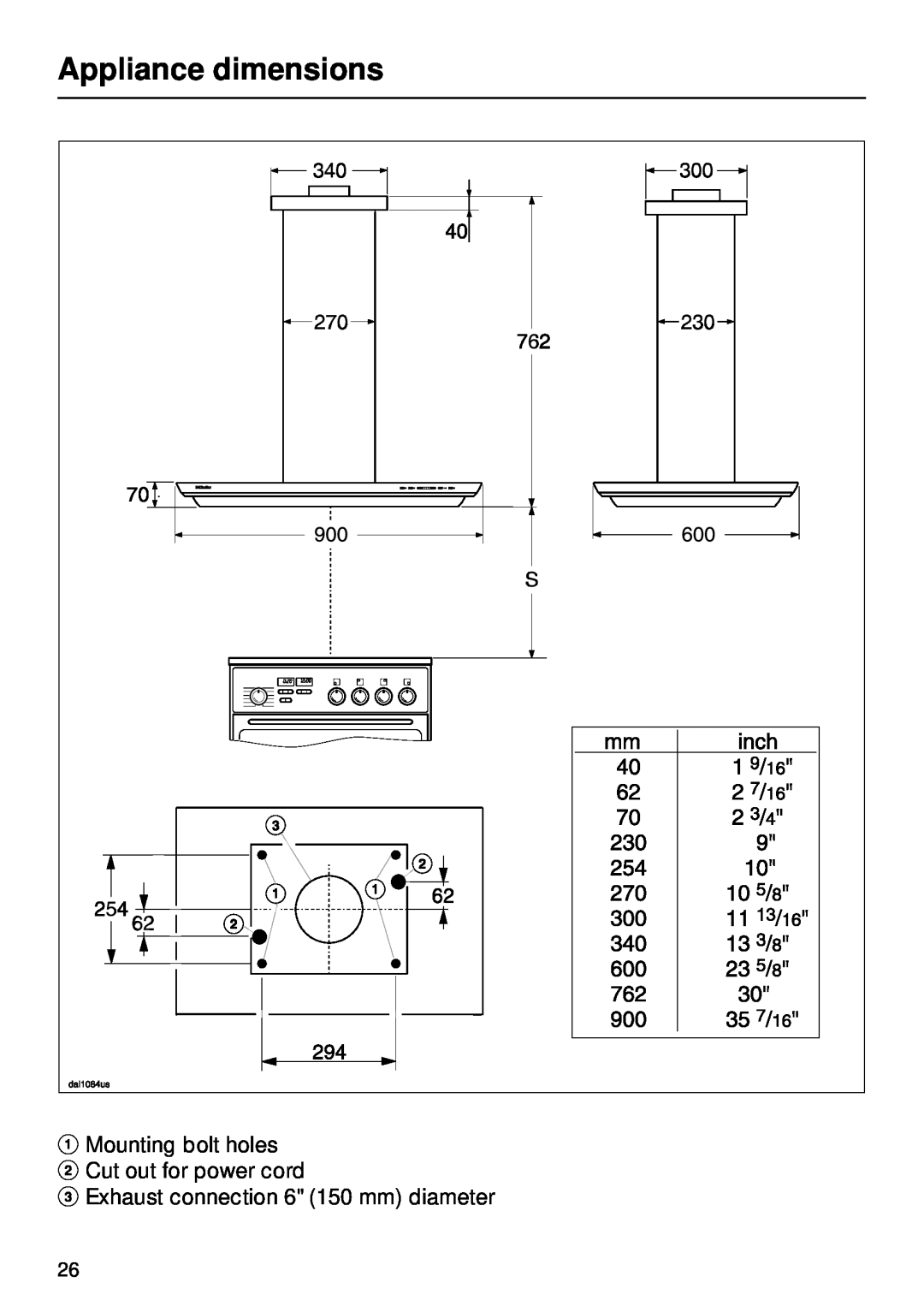 Miele DA270 Appliance dimensions, aMounting bolt holes b Cut out for power cord, c Exhaust connection 6 150 mm diameter 